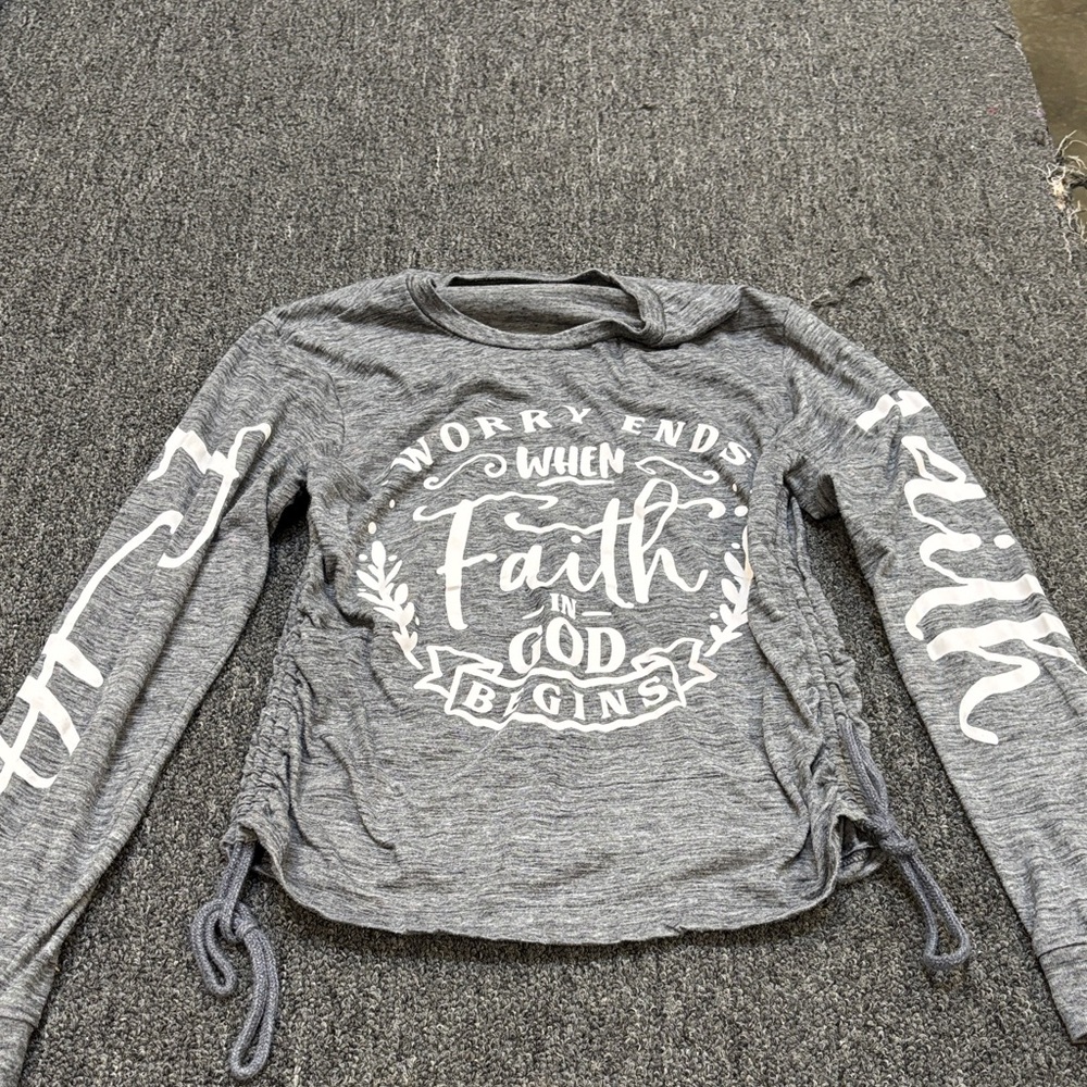 On Fire Gray Long Sleeve Graphic Top with White Script